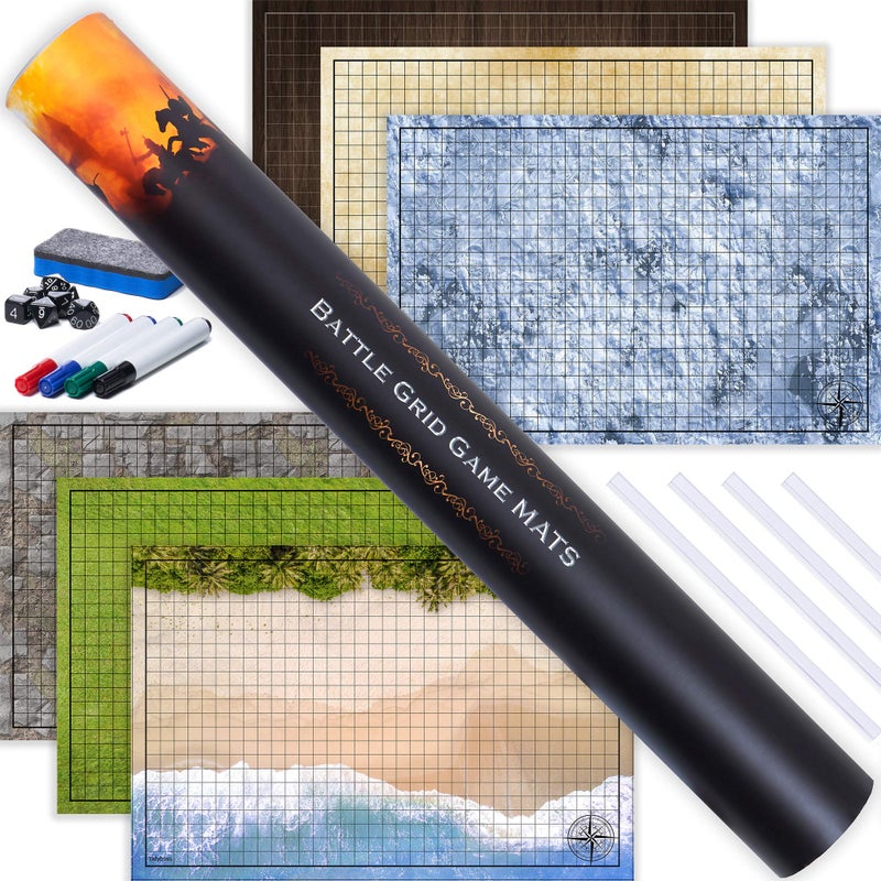 Tidyboss DND Starter Set | 3 X Double Sides 24x 36 Game Grid Mat | 6 Terrains Includes Dry Erase Markers, Eraser, Dice and Clips - Image 1